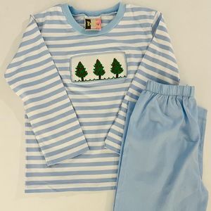 Boys - Banana Split Blue Stripe Smocked Christmas Tree top and pants. Size 6